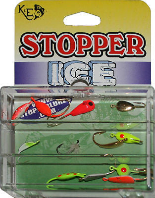 Stopper Mini Ice Fishing Kit 12-8 Includes 12 Different Jigs Sized