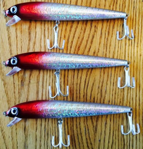 Three 7 1/2 Inch Deluxe Muskie Pike Crankbait Fishing Lures RED SILVER w/ Rattle