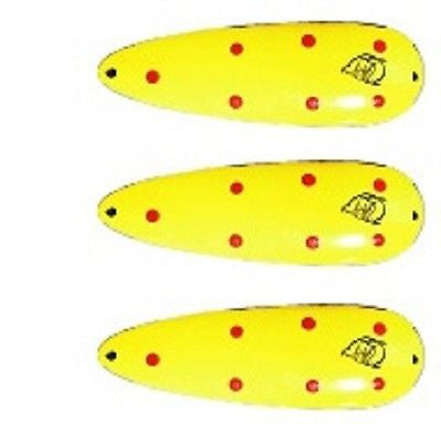 Eppinger Three Seadevlet Chartreuse/Red Dots Spoons 1 1/2 oz 4" x 7/8" 61-29